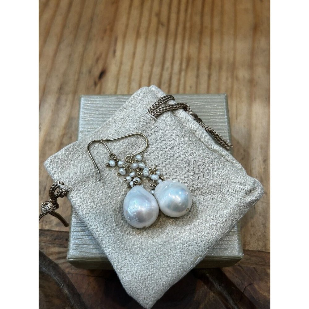 Sterling Silver Gold Toned ~19mm Freshwater Pearl Drop Dangling Earrings